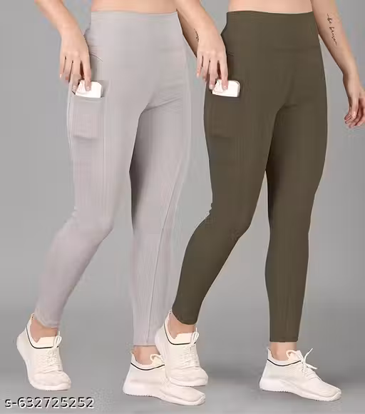 Women High Rise Combo Green & Light Grey Full Stretchable Ankle Length Fit Yoga Workout Gym Tights with Pockets| Yoga Pants/Leggings for Women Pack of 2