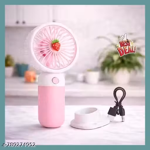 Cute Portable Handheld Fan USB Rechargeable Mini Fan with Stand Strawberry Design Personal Cooling Desk Fan for Girls Women Office Travel Summer Gadget