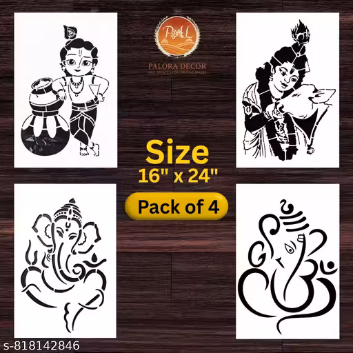 PALORA DECOR Cute Krishna, Krishna With Cow & Lord Ganesha Theme Wall Stencil for Creative Spaces | Size:- 16 x 24 Inch | Multi-Use Painting Stencil for Home & Office | Pack of 4