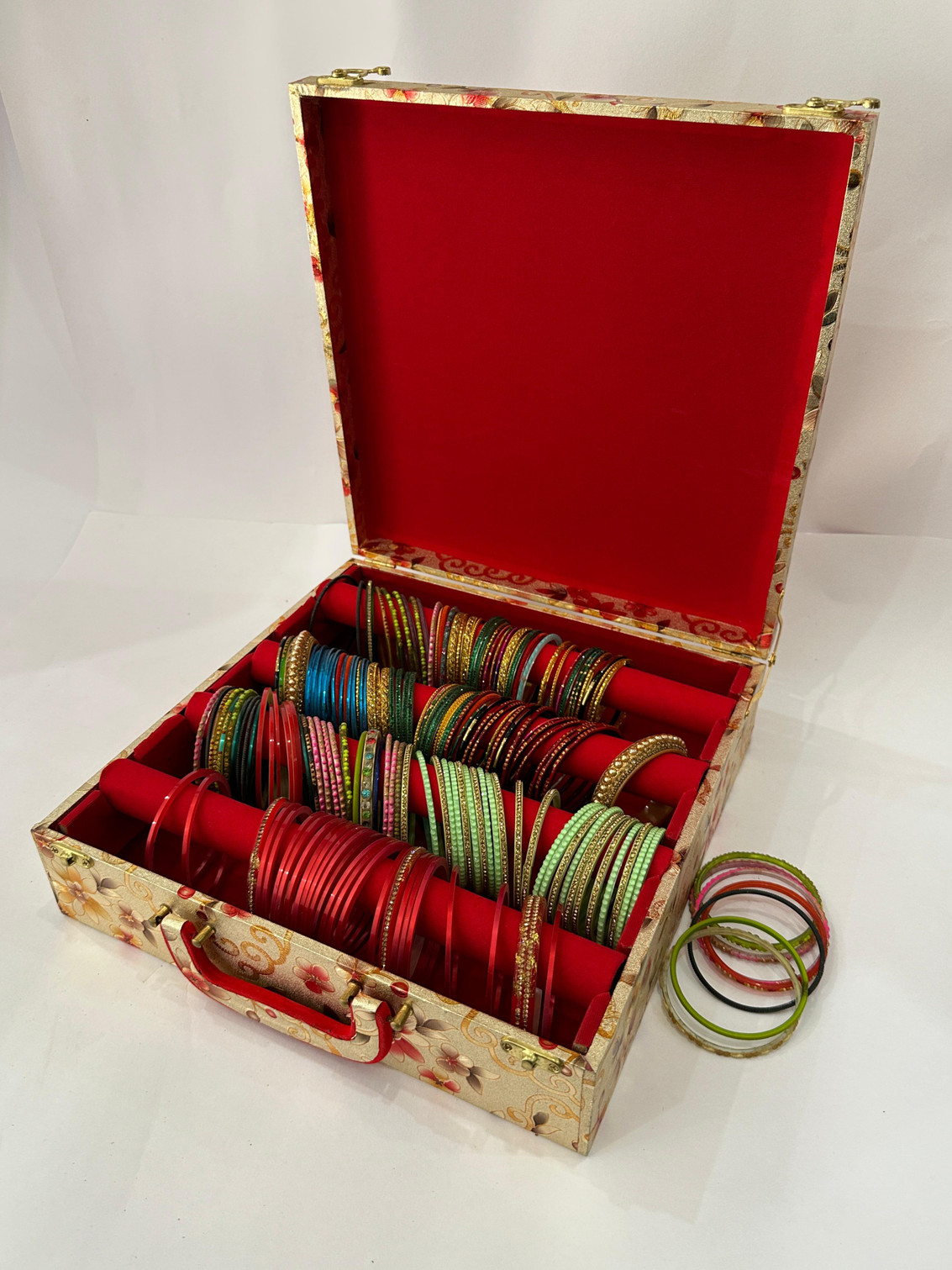 tosim Stylish 4 Rod Bangle Box with Red Velvet Interior Organizer Case for Women Bangle Box, Chudi Box, Jewellery Organizer, Wedding Gift Box, Storage box Lockable Vanity Box (GOLDEN)