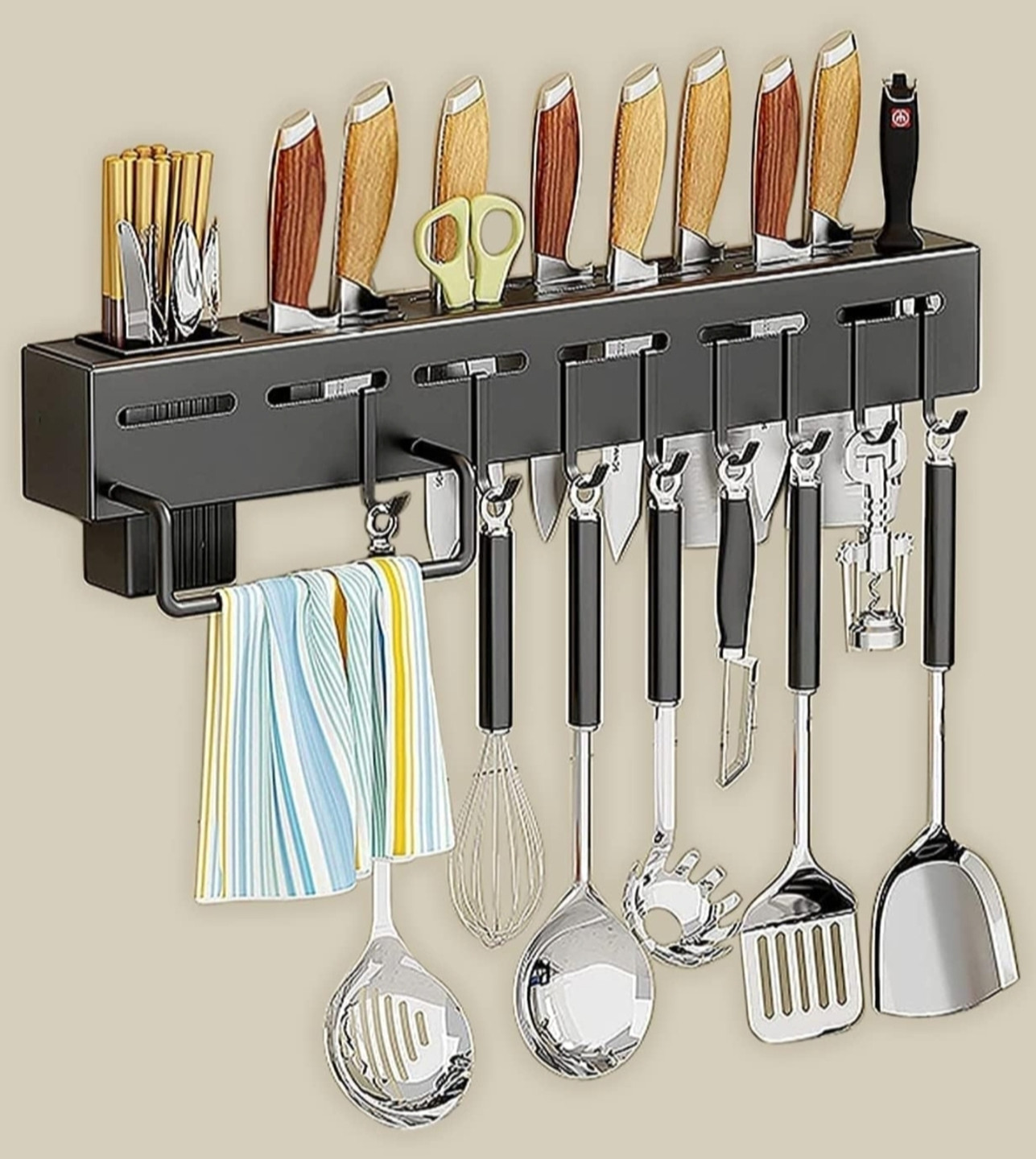 Moxstar Cutlery Kitchen Rack Kitchen Plastic Adhesive Wall Mount Knife Holder with Hooks Plastic