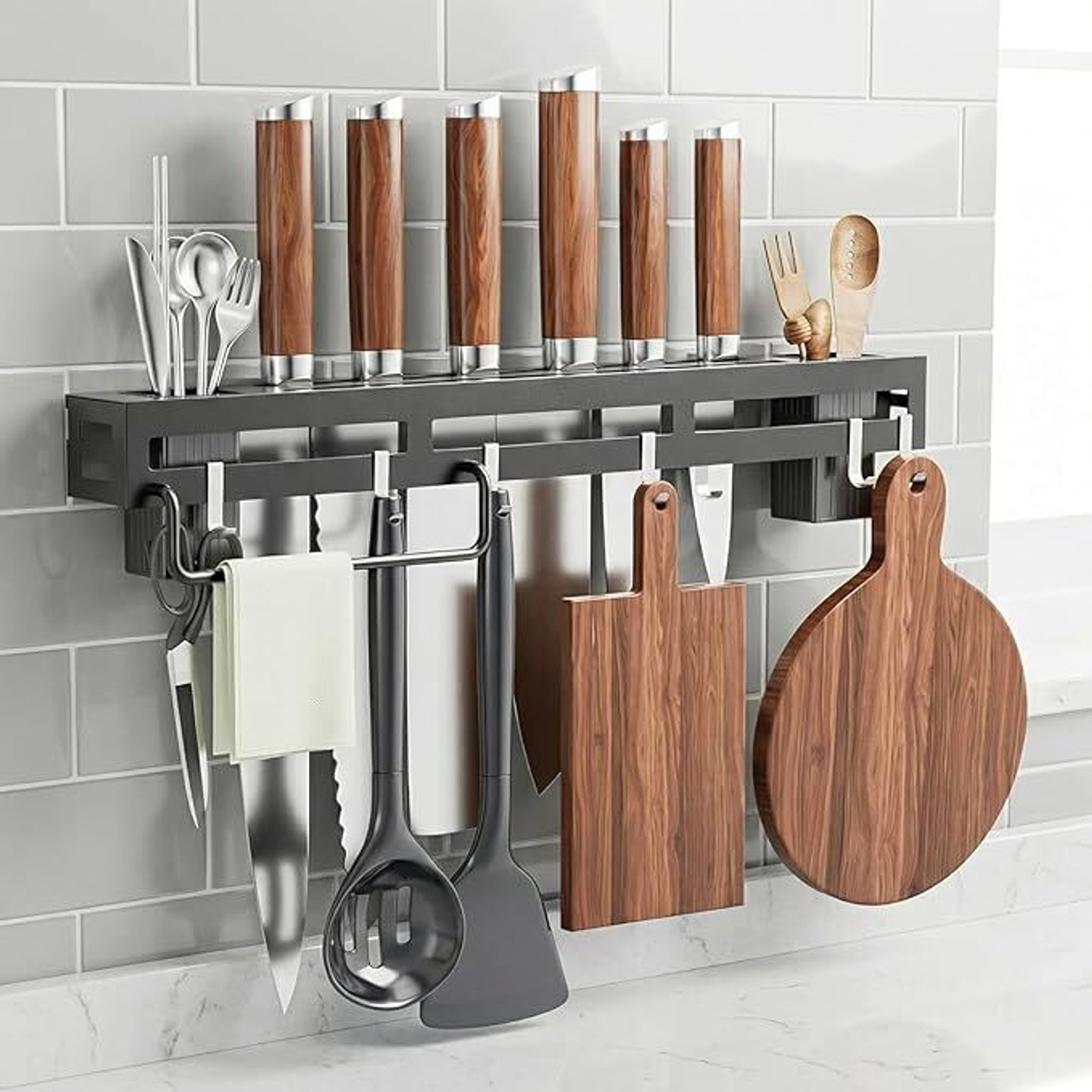 IKHODI Cutlery Kitchen Rack Kitchen Plastic Wall Mount Knife Holder with Hooks Steel