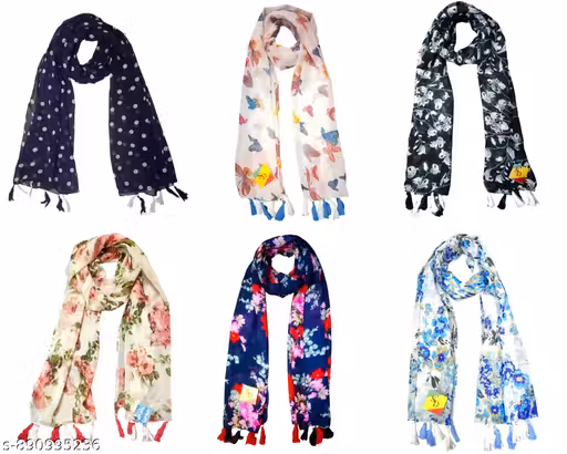 soul's desire| multicolored chiffon printed scarfs for womens and girls with tiger and dot print, pack of 6 stoles