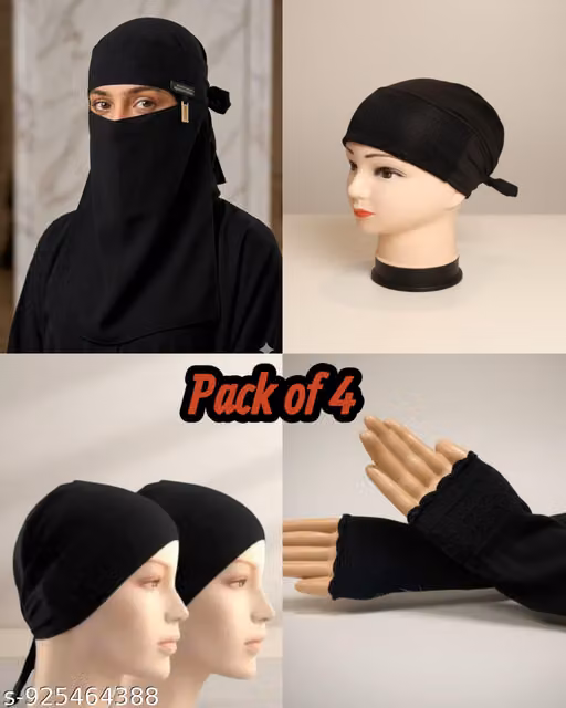 Black Niqab for Women-Stylish Nosepiece | Islamic & Modest Wear | Nose Piece for Abaya | Dubai Latest Burkha | Muslim wear | Face cover | Plain Cap | Black Glitter Cap | Black Arm Sleeves | Pack of 4