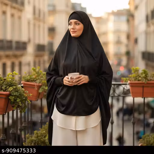 Stretchable Black Hijab | Prayer Khimar Hijab with Smoking Design at Wrist | Islamic Wear | Nawaz Wear