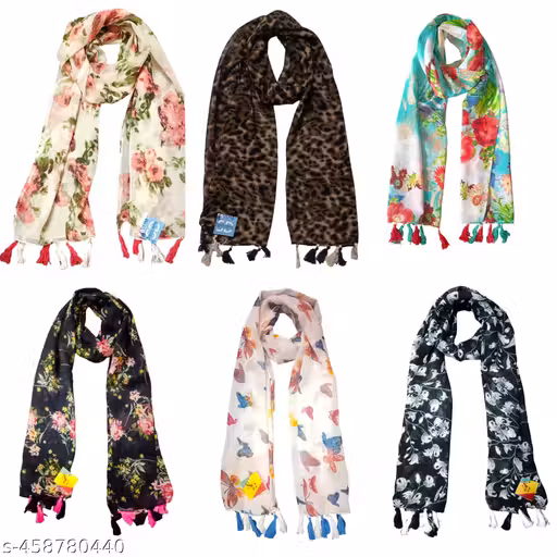 soul's desire| multicolored chiffon printed scarfs for women and girls with floral and tiger print, pack of 6 stoles