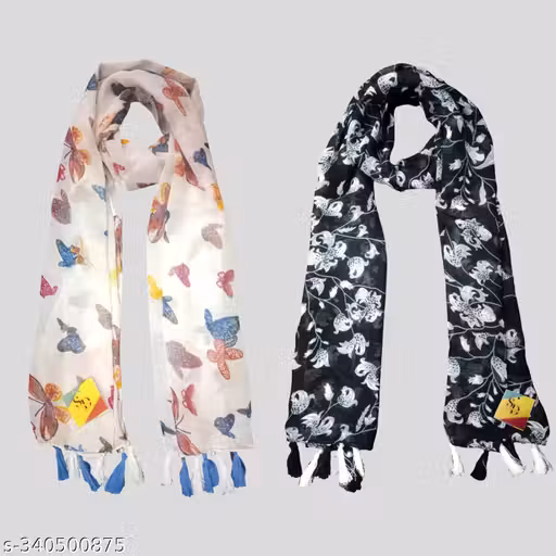 black and white chiffon printed scarfs for womens with butterfly print, pack of 2 stoles