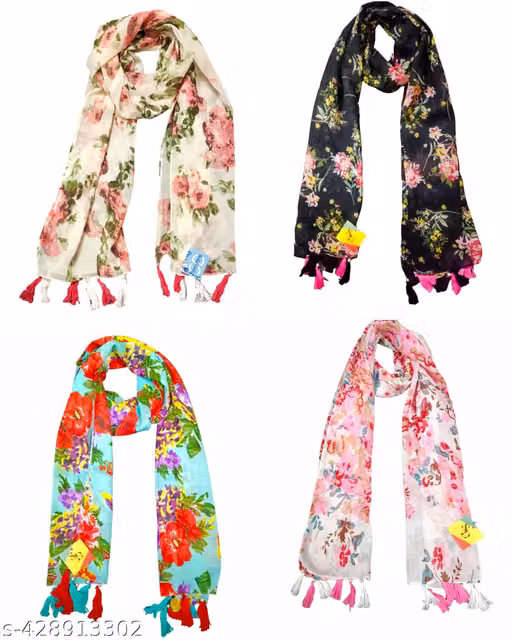 soul's desire| multicolored chiffon printed scarfs for womens and girls with floral and tiger print, pack of 4 stoles