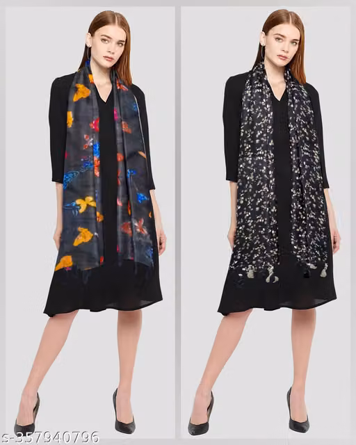 Soul's desire| black coloured Chiffon scarfs for women and girls with butterfly print, pack of 2 stoles