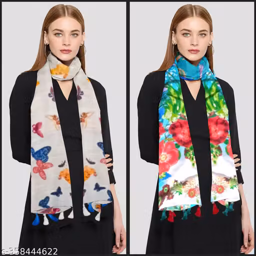 Soul's desire| white and Multicolored chiffon scarfs for women and girls with beautiful prints, pack of 2 stoles