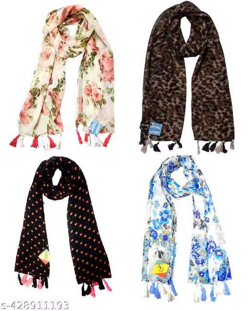 soul's desire| multicolored chiffon printed scarfs for womens and girls with floral and tiger print, pack of 4 stoles