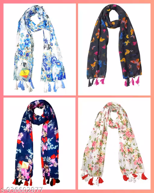 soul's desire| multicolored chiffon printed scarfs for women and girls with flower print, pack of 4 stoles