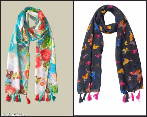 Soul's desire| black and multicolored chiffon scarfs for women and girls with butterfly print, pack of 2 stoles