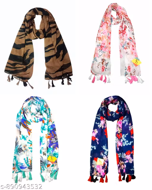 soul's desire| multicolored chiffon printed scarfs for womens and girls with floral and tiger print, pack of 4 stoles