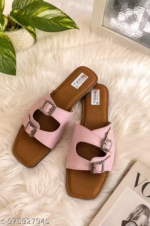 Trendy Women Pink Double Buckle Flat Sandals