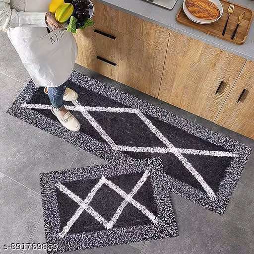 Geometric black-and-white kitchen mat set
