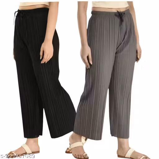 WOMEN'S WRINKLE CRUSH PALAZZO PANTS (PACK OF 2) – WIDE LEG, ELASTIC WAIST, COMFORTABLE DAILY & OFFICE WEAR