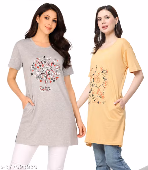 Ddaspration Women Cotton Graphic Printed Long Pocket T-Shirt Combo Set
