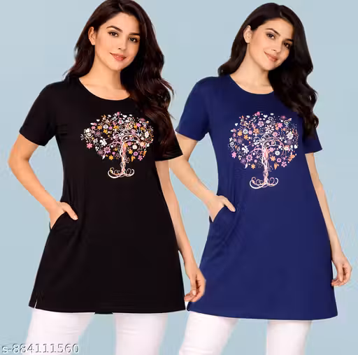 Ddaspration Women Cotton Printed Pocket T-Shirt Combo (Pack of 2)