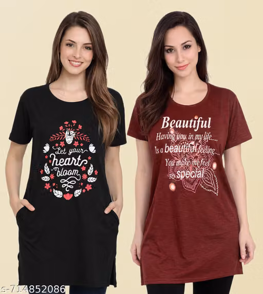 Ddaspration Women Cotton Printed Long T-Shirt Combo | Side Slit & Pocket