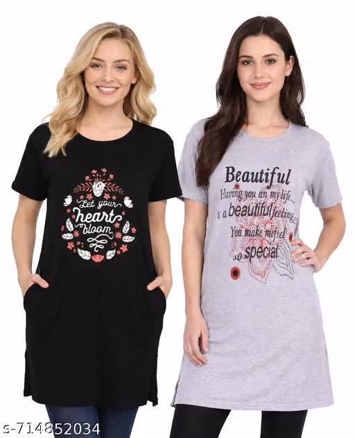 Ddaspration Women Cotton Graphic Printed Long T-Shirt Combo Set