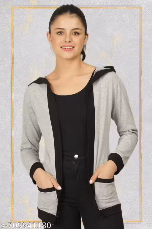 Ddaspration Ladies Solid Cotton Hooded Shrug with Front Pockets