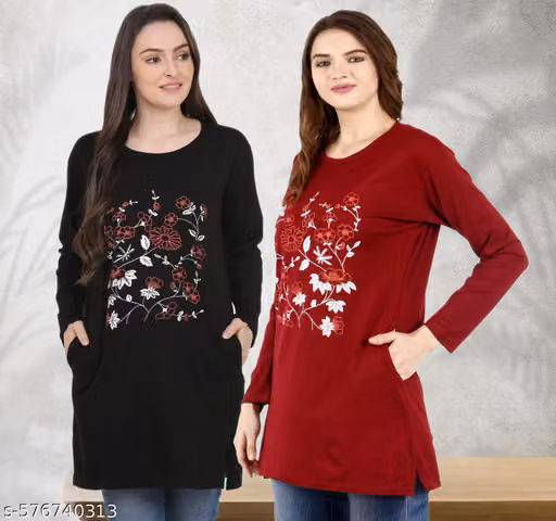 DDASPRATION Women Cotton Pocket Long T-shirt (PACK OF 2)