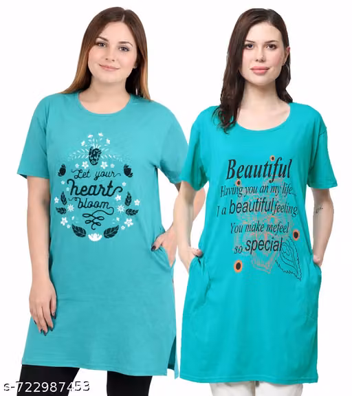 Ddaspration Women Cotton Graphic Printed Long T-Shirt Combo Set