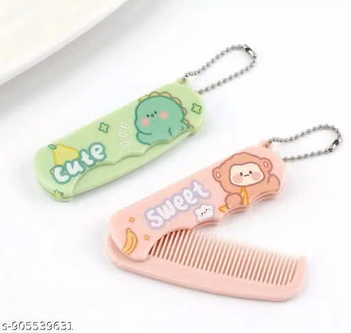 Pack of 2 Cute Cartoon Foldable Hair Comb for Kids - Portable Mini Travel Pocket Hair Brush with Keychain for Girls & Boys