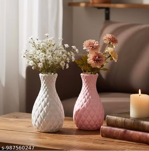 NDS- 7 inch flower vase UV protected unbreakable plastic vase with ceramic look decorative vase for living room bedroom indoor planter pot pack of 2 color pink and white