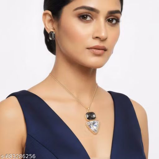 Premium Gold Plated Black & White Stone Pendant Necklace with Earrings Set for Women