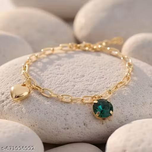 Gold Plated Chain Bracelet with Heart & Green Stone Charm for Women & Girls