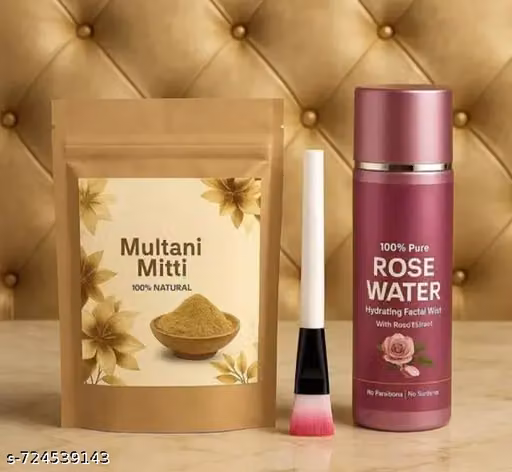 MECOVIP MULTANII MITTI FACE POWDER 100 G AND ROSE WATER AND FACE PACK BRUSH