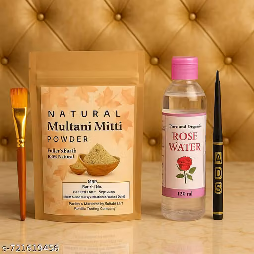 MECOVIP MULTANII MITTI FACE POWDER 100 G AND ROSE WATER AND FACE PACK BRUSH AND BLACK KAJAL PACK OF 4