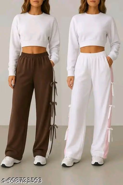 Women & Girls Collage And Office WearLoose Long Solid Regular Trouser / Women's New TrendySide Stripe Bow Tie Trouser Pants