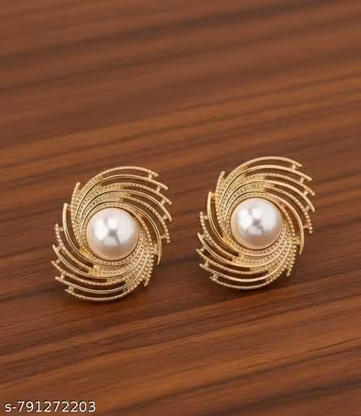 Gold Plated Pearl Swirl Stud Earrings for Women | Designer Round Statement Earrings