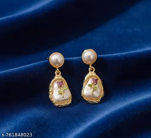 Gold Plated Pearl & Rose Floral Drop Earrings for Women | Elegant Party & Daily Wear Jewellery