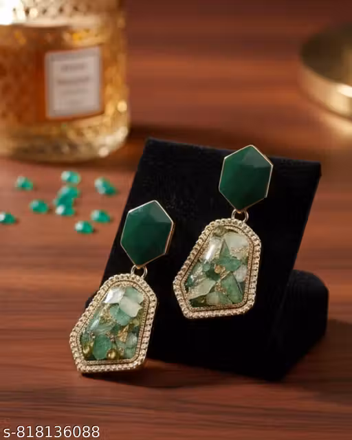 Trendy Green Stone Geometric Drop Earrings