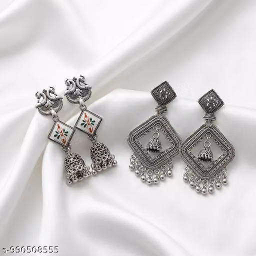 Traditional Silver Oxidized Earrings Combo for Women And Girls | Meenakari Peacock Jhumka & Geometric Ghungroo Drop Earrings Set