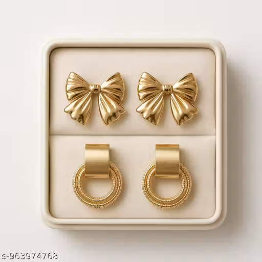 Stylish Gold Plated Bow & Geometric Studs Earrings Combo Set for Women | Trendy Korean Fashion Earrings Pack of 2