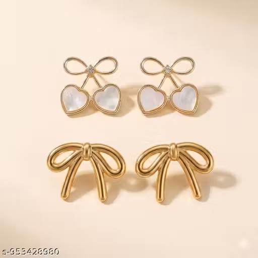 Gold Plated Bow Stud Earrings Set for Women and Girls | Stylish Cute Cherry Heart Mother of Pearl Earrings and Minimalist Loop Bowknot Earring Combo for Daily, Casual, and Western Wear
