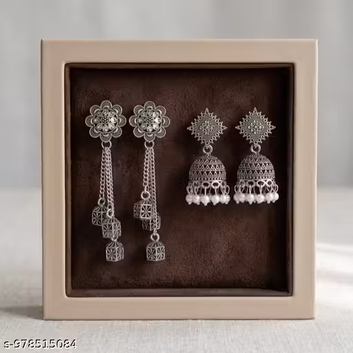 Oxidised Silver Jhumka & Long Chain Earrings Combo Set for Women | Traditional Ethnic Earrings ( Pack of 2)