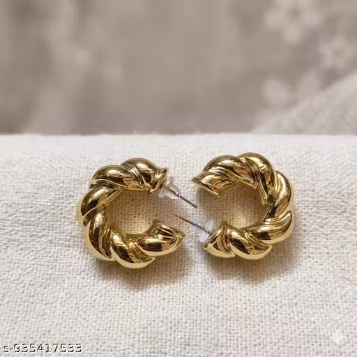 Gold Plated Twisted Braided Hoop Earrings for Women & Girls | Stylish C-Shape Daily Wear Western Hoops