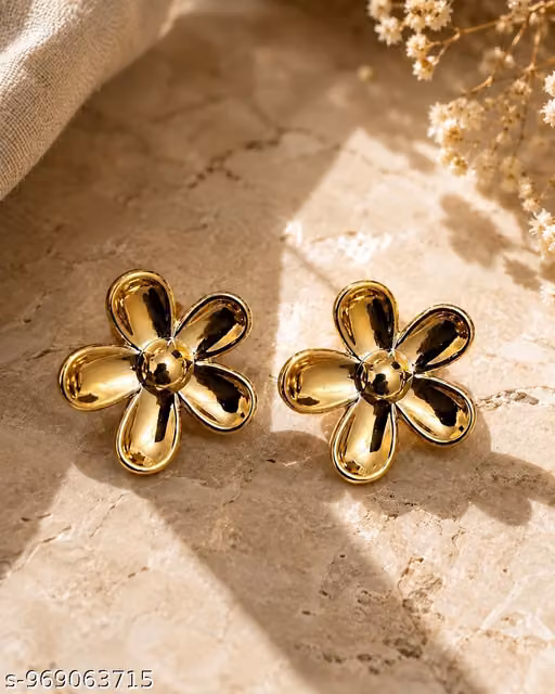 Trendy Gold Plated Flower Shape Stud Earrings | Floral Korean Style Earrings for Girls & Women