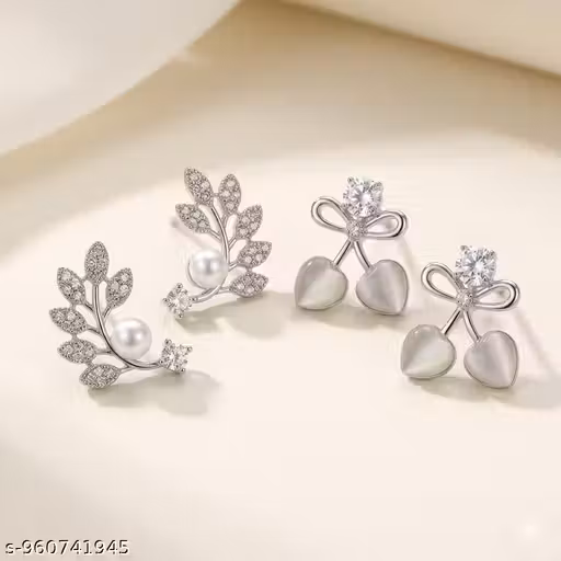 Silver plated Cute Aesthetic Bow-Heart & Pearl Leaf Stud Earrings Combo Set