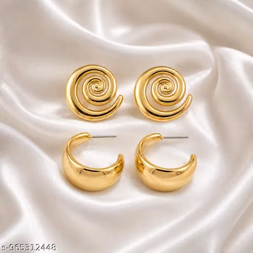 Trendy Gold Plated Spiral & Chunky Hoop Earrings Combo Set for Women | Korean Style Statement Earrings | Fashion Party Wear Earrings Pack of 2