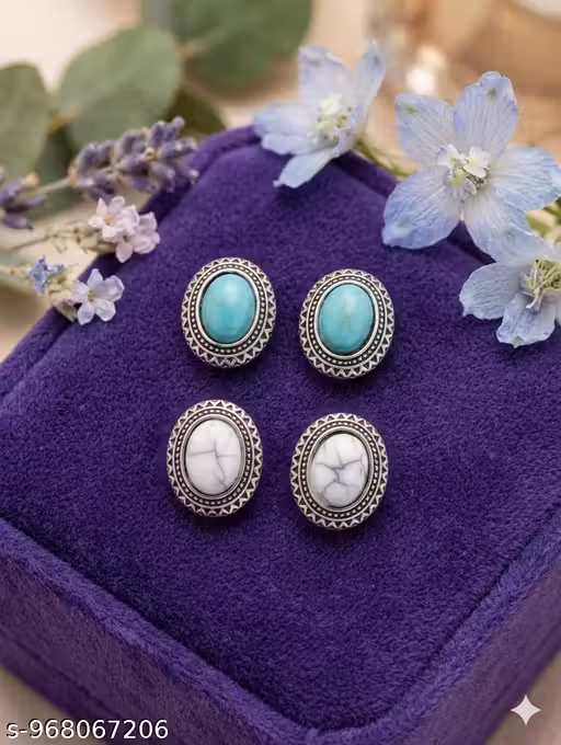 Trendy Small Oxidized Silver Stud Earrings Combo for Women | Vintage Boho Turquoise & White Stone Oval Studs Set of 2 Pairs