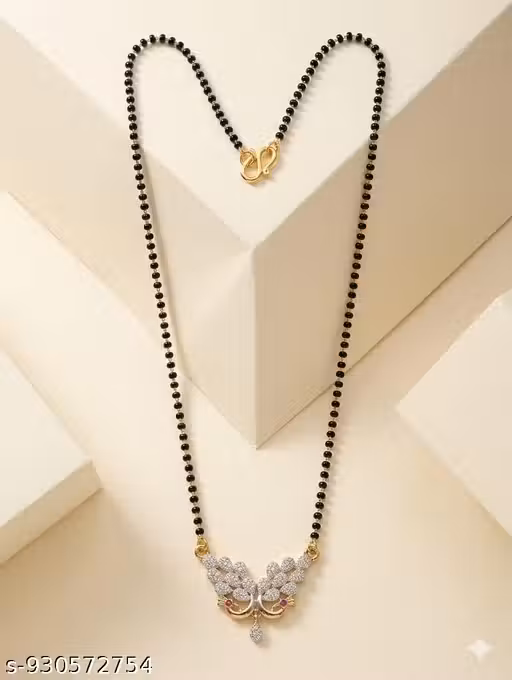 Gold Plated American Diamond Peacock Mangalsutra for Women | Stylish CZ Stone Studded Single Chain Black Beads Tanmaniya Nallapusalu Short Necklace for Daily, Festive, and Ethnic Wear