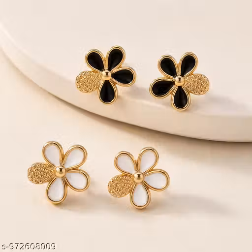 Trendy Flower Stud Earrings Combo for Women & Girls | Black & White Daisy Floral Earrings | Korean Style Gold Plated