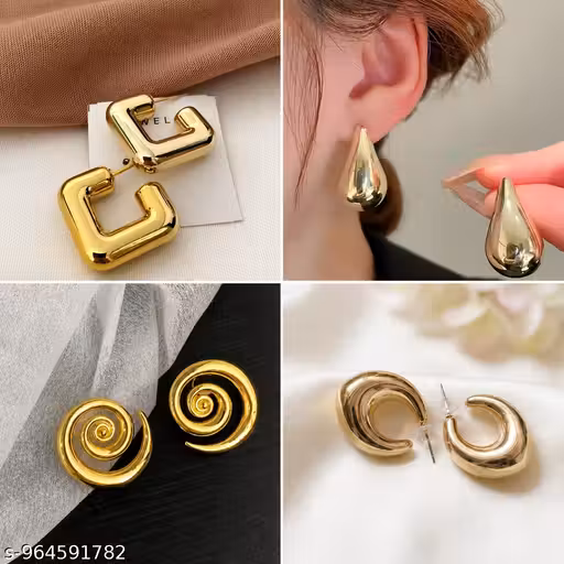 Stylish Gold Plated Earrings Combo Set for Women | Korean Fashion Geometric, Teardrop, Spiral & Hoop Earrings (Pack of 4)
